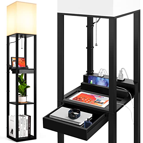 Tall Floor Lamp with Shelves and Drawer, Solid Wood Standing Lamp with 2 USB Charging Ports & 1 Power Outlet, Modern Storage Shelf Light, Corner Shelf Lamp for Living Room Bedroom and Office, Black