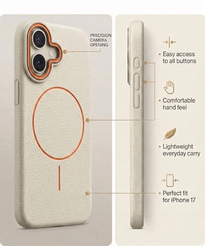 Image of amazon basics Luxury MagSafe Compatible Leather Texture Back Cover for iPhone 16 | Raised Camera Protection | Slim Fit Shockproof Case with Metallic Accents (White)