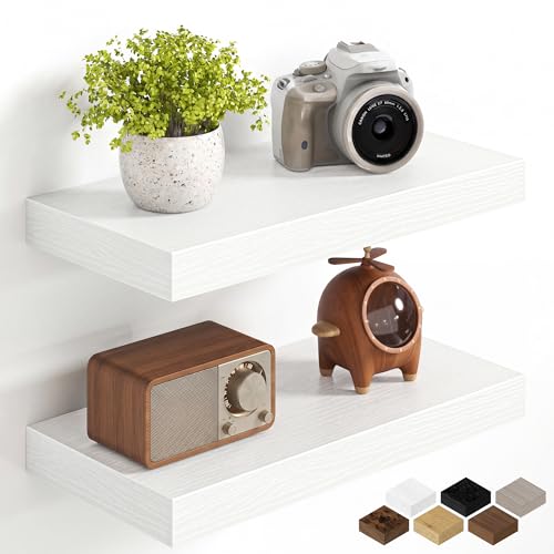 Image of Fun Memories 16Inch Floating Shelves for Wall, 8 Inch Deep Shelves for Bathroom|Bedroom|Kitchen Wall Mounted, Wood Hanging Shelf with Invisible Brackets for Home Storage Decor, White - 2 Pack