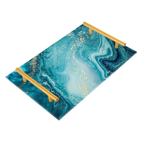 Gredecor Marble Decorative Vanity Tray for Bathroom, Blue Marble Counter Kitchen Coffee Trays, Sea Acrylic Rectangle Jewelry Perfume Makeup Organizer Tray Holder