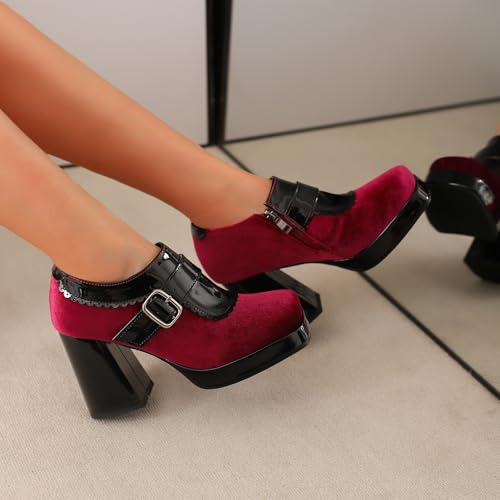 Women's Vintage Mixed Colors Oxfords Shoes Block Heel Square Toe Slip On Ruffles Brogue Pumps4