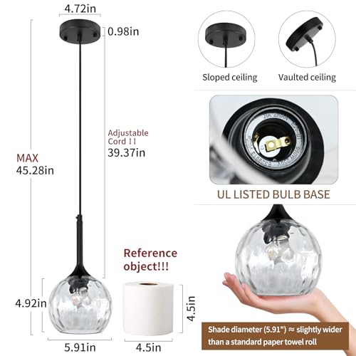 JHLBYL Glass Pendant Light fixtures, 6'' Kitchen Pendant Lights Black Pendant Light with Hammered Glass Pendant Lights Kitchen Island Over Sink Dining Room Foyer - Image 2