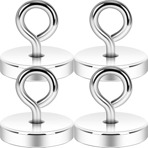 Neosmuk Magnetic Hooks, 170LBS+ Pull Up Force 1.42 inches in Diameter Rare Earth Magnet with Stainless Steel Eye Bolt for Retrieving in River and Magnet Fishing(Silvery White,Pack of 4 Cover