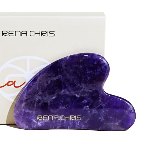 Rena Chris Gua Sha Cuidado Facial, 100% Natural Amatista Gua Sha Piedra para SPA Terapia, Guasha Masajeador Facial Adecuado para Mujeres y Hombres Cuidado de la Piel