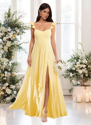 Women's Chiffon Bridesmaid Dresses with Slit V Neck Ruffle Pleated Corset A Line Formal Evening Gowns MT0022
