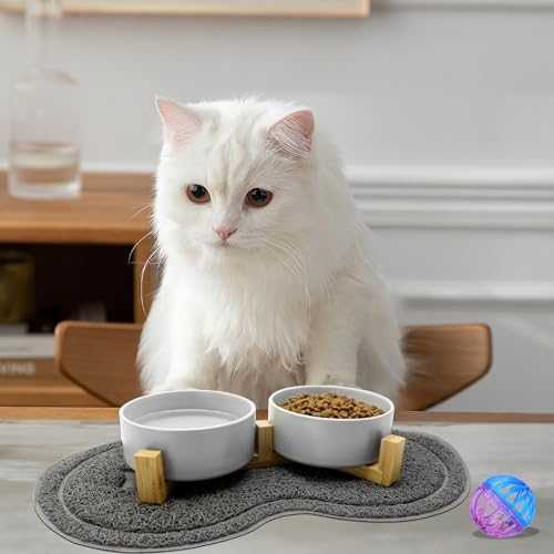 Grau Keramik Hundenapf Katzennapf Fressnapf Napf für Hund Katzen mit Massivholz Ständer,Glocke und Rutschfester Unterlage,Hundenapf Keramik für Katzen Hunde Welpe Futter und Wass Wood Stand – Bild 3
