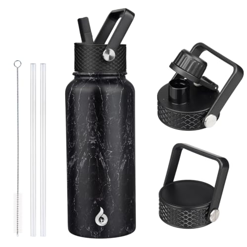Image of BJPKPK Insulated Water Bottles with Straw Lid, 32oz Metal Large Water Bottle with 3 Lids, Reusable Leak Proof BPA Free Thermo, Stainless Steel Tumblers for Sports, Gym, Travel-Midnight