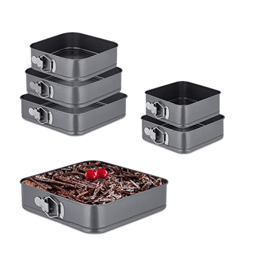 Relaxdays Springform 6er Set, quadratisch, Verschiedene Größen, Edelstahl, antihaftbeschichtete Backform, anthrazit