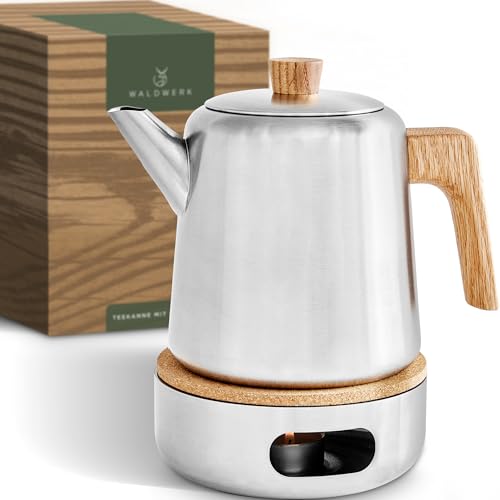 WALDWERK Teiera con scaldino (1,1L) – Teiere con filtro in acciaio inox 304 – Tisaniera in acciaio inox con manici in legno di quercia – 100% antigoccia – Teiera con filtro rimovibile