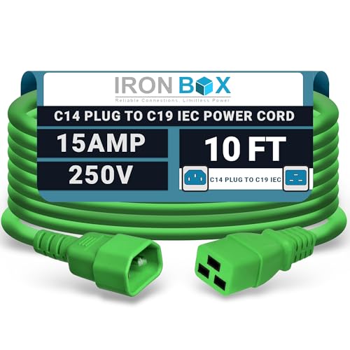 Image of IronBox Electric - Heavy-Duty C14 to C19 Power Cord, 15A, 250V, 14 /3 SJT - IEC60320 PC Cable for Computer Extensions, Monitor, PSU - C14 Male to C19 Female Connector Power Cable - (Green 10 Foot)