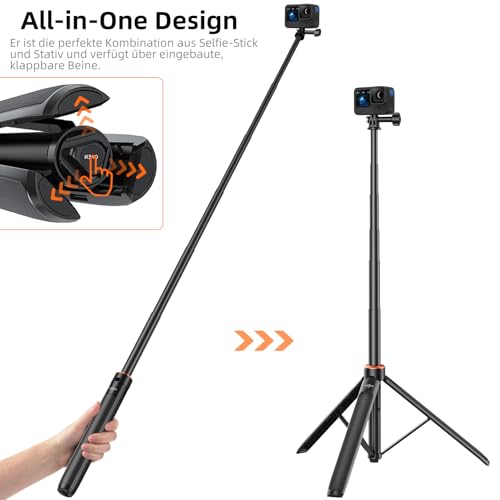 136cm Selfie Stick Stativ für DJI Osmo Pocket 4/3, GoPro Hero 13/12/11/10/9/Max2, DJI Action 6/5 Pro/4, AKASO EK7000 - Action Cam 2-in-1 Reisestativ/Halterung/Hand Grip/Zubehör