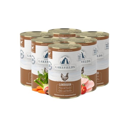 Lakefields Premium Hundefutter Nass | Huhn 61% | 6 x 400g | Getreidefreies Nassfutter für Hunde | Natürliche Zutaten in Lebensmittelqualität | Karotten, Kartoffeln & Apfel | Schonend gegart