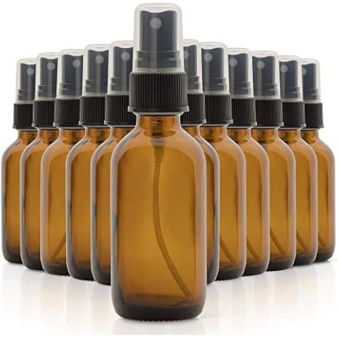 1790 2oz Glass Spray Bottles for Essential Oils, Small Empty Spray Bottle, Fine Mist Spray - Set of 12 Amber Bottles with Black Mister Tops Cover