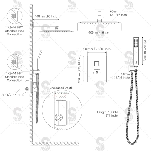 Image of SR SUN RISE Shower Faucet Set 16-Inch Rainfall Shower Head Matte Black