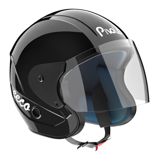 Image of Pivalo EECO Open Face Helmet ISI Certified Smooth Finish Lightweight & Compact Unisex Half-Face Helmets with Clear Visor & Adjustable Strap for Bike Men Women (Glossy Black, 580mm)
