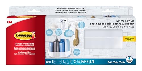 Command Bathroom Accessories 5 Piece Bathroom Organizer Set - 1 Shower Caddy 1 Soap Dish 1 Toothbrush Holder 2 Hooks with Water Resistant Strips
