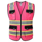 JKSafety Hi Vis Reflective Safety Vests for Men Women High Visibility Vest with Pockets Mesh Fabric Construction Safety Apparel Neon Vest for Work (220-Pink L)