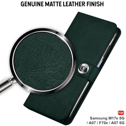 Image of TheGiftKart Flip Cover Back Case for Samsung Galaxy M17e 5G / A07 / F70e / A07 5G | Genuine Leather Finish | Designer Button | Inbuilt Pockets & Stand | Flip Back Cover Case (Faux Leather, Green)