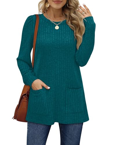 Image of Aokosor Jumpers for Women Long Sleeve Autumn 2025 Loose Fit T Shirts with Pockets Ladies Tops Teal Size 18-20