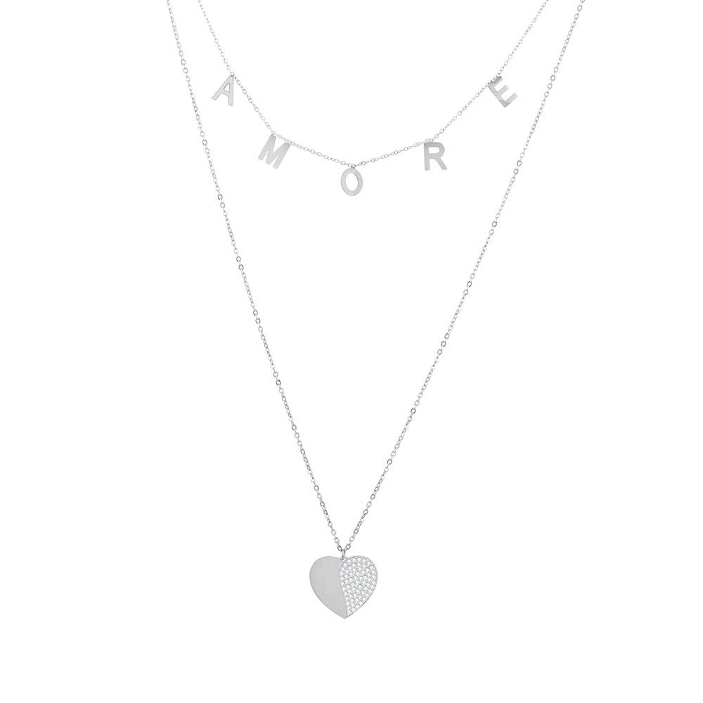 PengjinStainless Steel Necklace for Women Amore Letter Pendant Love Pendant Shining Crystal Double Women Necklace Exquisite Jewelry for Mom, Lover's Gift