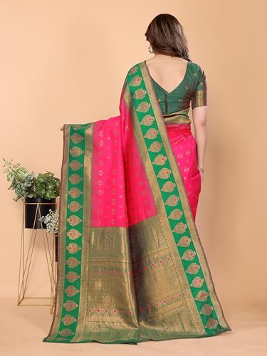 Image of Women's Kanjivaram Soft Silk Saree with Unstitched Blouse Piece Banarasi Weave Type and Jacquard Zari Design for Wedding and Parties