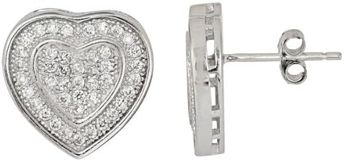 BIG HEART DOUBLE SHAPE 925 SILVER 14K WHITE GOLD PLATED WITH WHITE C.Z STONES STUD EARRINGS LADIES 13MM