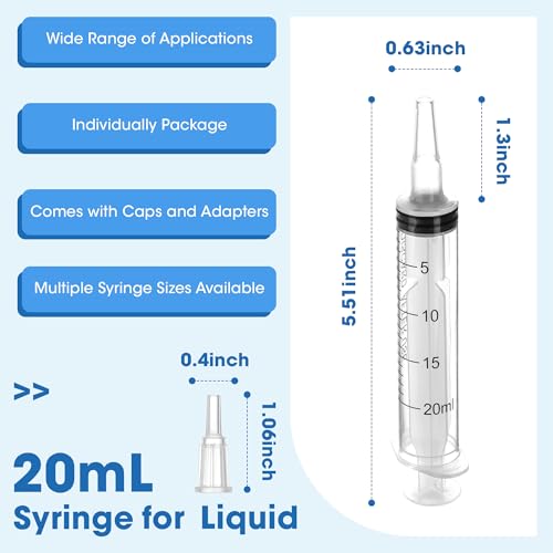 Image of 20mL Plastic Syringe for Liquid - 20 Pack Large Syringes with Adapter | Individually Wrapped for Scientific Labs, Feeding, Oil Filling