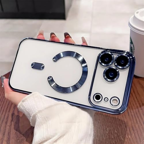Coque magnétique iPhone 14 Pro Max souple plaquée bleu protection objectif transparent antichoc