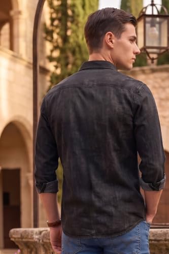 Image of Louis Philippe Men's Slim Fit Classic Denim Wash Stylized Fashion Full Sleeve Casual Shirt