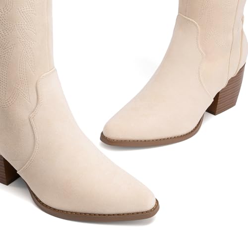 DREAM PAIRS Womens Cowboy Boots Wide Calf Comfortable Pull On Zipper Chunky Heel Pointed Toe Embroidered Western Cowgirl Knee High Boots Ladies Retro Tall Boot,Size 7.5,Beige,SDKB224W