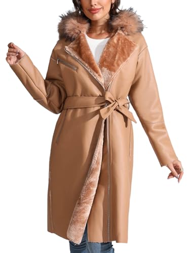 Bellivera Women's Faux Leather Trench Coat with Faux Fur Hood