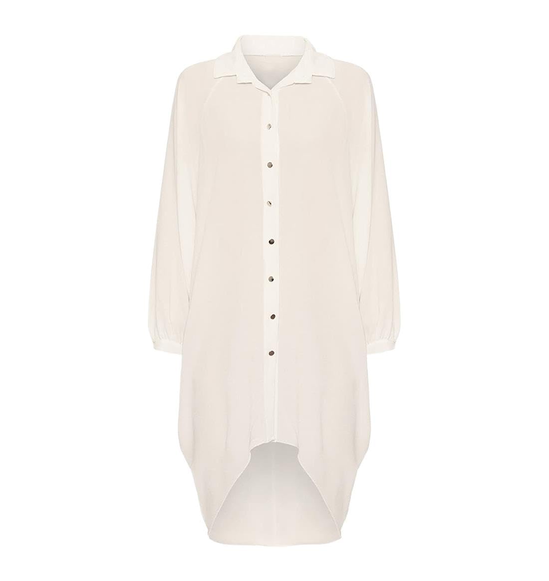 Womens Dip Hem High Low Button Collar Shirt Ladies Long Sleeve Hi Lo Dress Top Fancy Party Wear Blouse Plus Size Flowing Tunic Asymmetric Hem Stylish Evening Casual Fashion UK 8-26 Cream