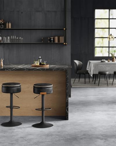 Image of VASAGLE EKHO Collection - 360 Swivel Bar Stools Set of 3, Height Adjustable Barstools with Storage, Synthetic Leather with Stitching, Mid-Century Modern, Kitchen Bar, Easy Assembly, Ink Black