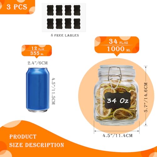 Image of 34oz Square Glass Food Storage Jars with Airtight Clamp Lids 3 Pack
