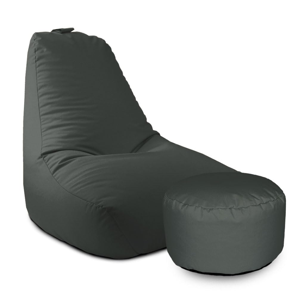 rucomfy Beanbags Large Indoor/Outdoor Adult Bean Bag Chair, Home & Garden Recliner Seat, Durable & Water Resistant 97 x 82 x 80cm (Slate Grey, with Footstool)
