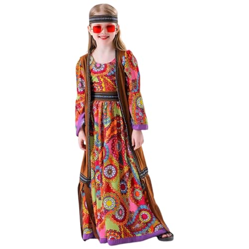 Generisch Costume de carnaval 2026 pour enfant - Robe hippie pour fille - Jupe de costume avec bandeau, gilet ceinture pour déguisement de fête (orange, 120)