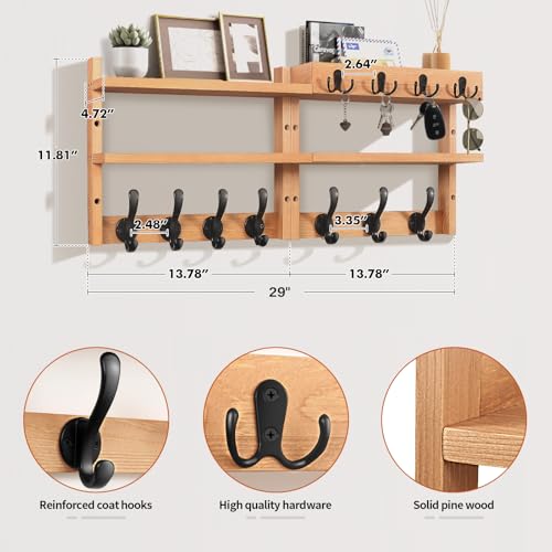 Image of 29 inch Coat Rack Wall Mount with Shelf, Pine Two-Tier Wall Shelf Mounted Coat and Key Hanger with 7 Heavy Duty Hooks 4 Key Hooks, Entryway Key Holder with Mail Holder for Bedroom,Living Room (Wood)