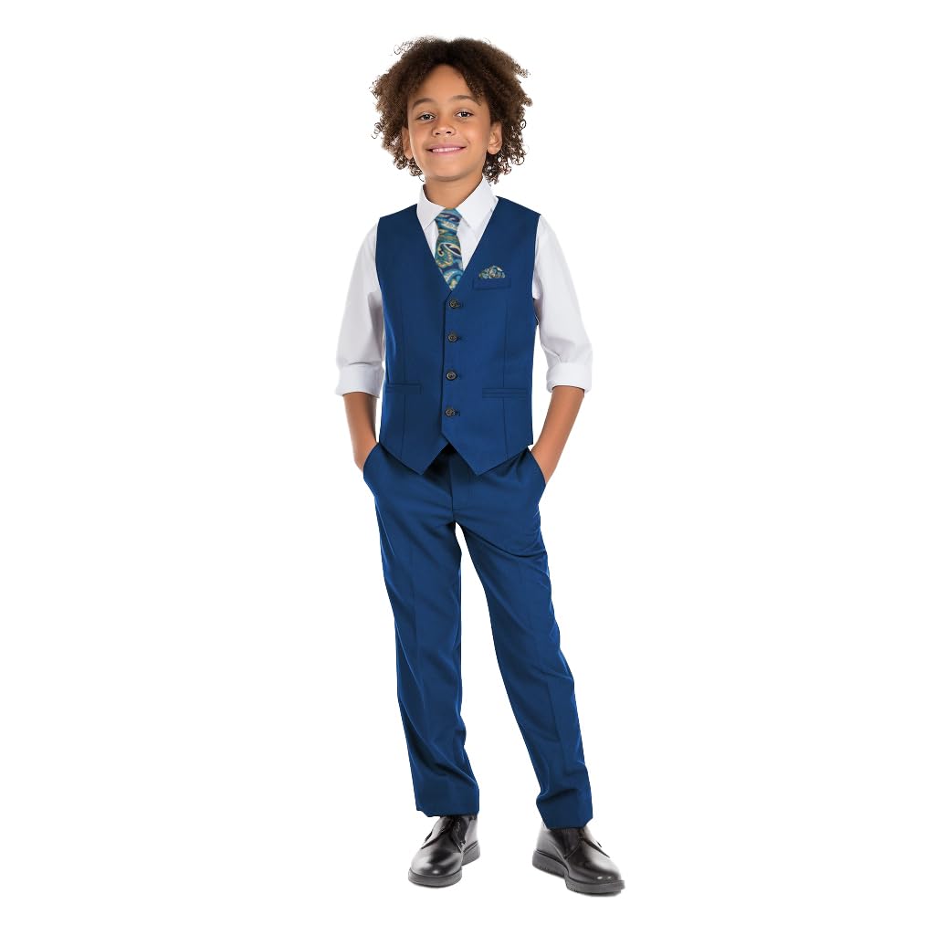 Marvelous Kids Boys' 6-Piece Formal Slim Fit Suit Vest Set Adjustable Waist | Includes Vest, Pants, Shirt, Tie, Pocket Square, Bow Tie, V-Neck & Adjustable Waist, for Wedding, Graduation, Communion