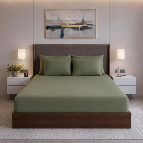 Image of 400TC Cotton Feel Glace Cotton Double Bed Elastic Fitted Bedsheet King Size Set || Includes 1 Solid Plain Fitted Bedsheet King Size with 2 Pillow Covers (78 x 72 Inches, Mist Green)