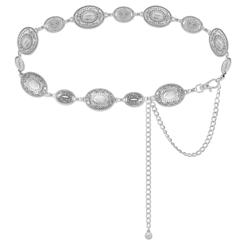 RechicGu Vintage Western Concho Belt Women Cowgirl Metal Oval Carved Belt Boho Waist Chain Belt for Jeans Country Concert