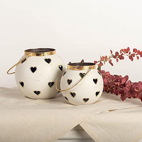 Round with Heart Cut Outs & Gold Handles Candle Lanterns - Set of 2