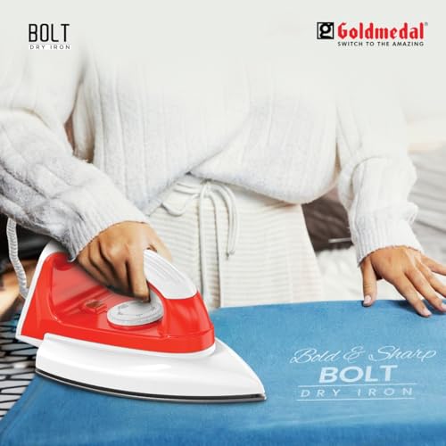 Image of Goldmedal Bolt 1000W Dry Iron | Non-stick Weilburger Premium Double Coated Soleplate | 5 Fabric Setting |1.8 Meter Cord | Thermal Fuse For Additional Safety| 2.5 Years Warranty | Light Weight (Red)