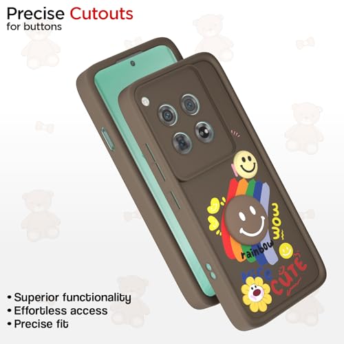 Image of Pikkme Back Cover for OnePlus 12 5G | Soft Silicone| Cute Rainbow Smile & 3D Cartoon Flower Design | Shockproof Raised Camera Protection Bumper Case (Brown)