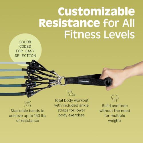 Image of Retrospec Train Resistance Bands Set for Working Out - 5 Stackable Bands, Handles & Door Anchor - Portable Fitness Equipment for Physical Therapy & Yoga Includes Carry Bag