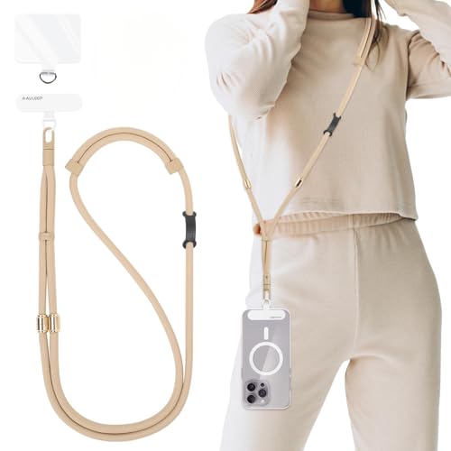 AULEEP 3-in-1 Cell Phone Lanyard with 2 Phone Tabs, Adjustable Anti Theft Phone Crossbody Strap/Wrist Strap/Neck Lanyard, Compatible with Most Smartphones, Hands-Free Work/Travel Essentials, Camel