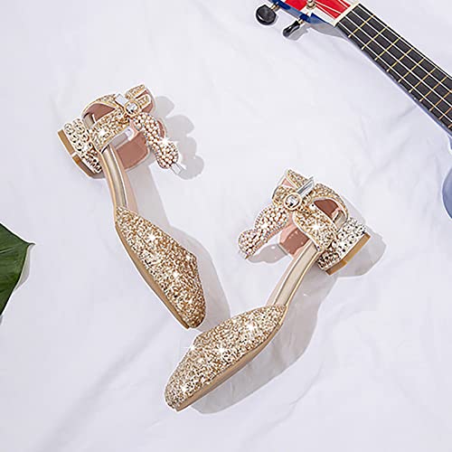 Betadog Girls Sandals Kids Glitter Bow Dress Shoes Heel Sequins Princess Sandals Toddler Flower Wedding Party Shoes (Gold-e, 4)3