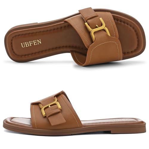 Image of UBFEN Womens Square Toe Flat Sandals Slides Dressy Comfortable for Beach