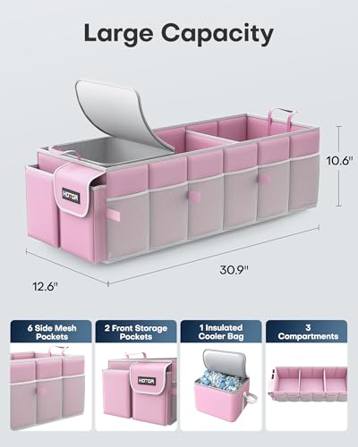Image of HOTOR Trunk Organizer, Sturdy Foldable with Cooler for Car & SUV, 3 Compartments, Pink, 30.90 inchx12.60 inchx10.63 inch