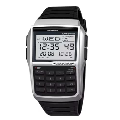 Staeekkzy Relógio de pulso de aço inoxidável estilo computador para homem, relógio com calculadora, relógio LED multifuncional, caixa de plástico.