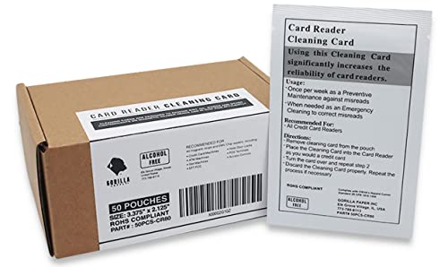 (50) Gorilla Supply Credit Card Cleaning Cards, Dual Side Card Reader Cleaner, POS Terminal Magnetic Head Pre-Saturated Swipe Alcohol-Free CR80 (50 Cards)